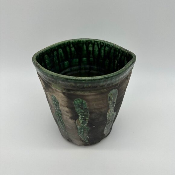 Vintage Raku Pottery Planter Vase Signed St John 99 Black Green Abstract Seaweed